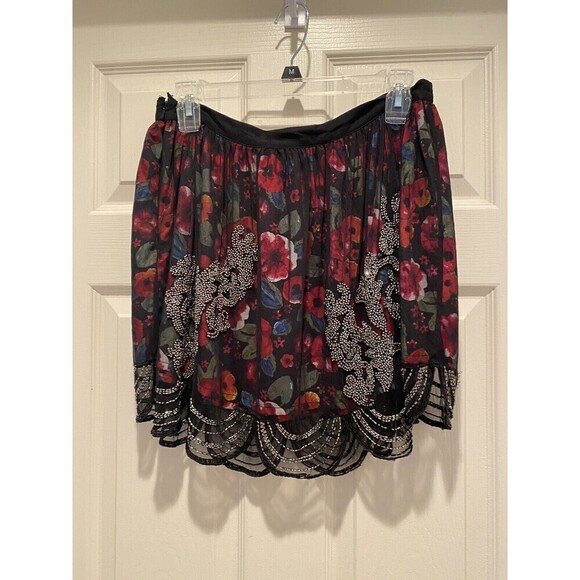 River Island Mini Skirt Size 12 Black Floral Beaded Netting Overlay - Picture 1 of 6